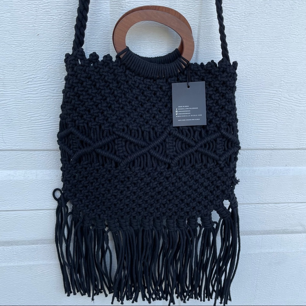 Nwt Danielle Nicole Macram Black Bag Fringe Boho - image 5